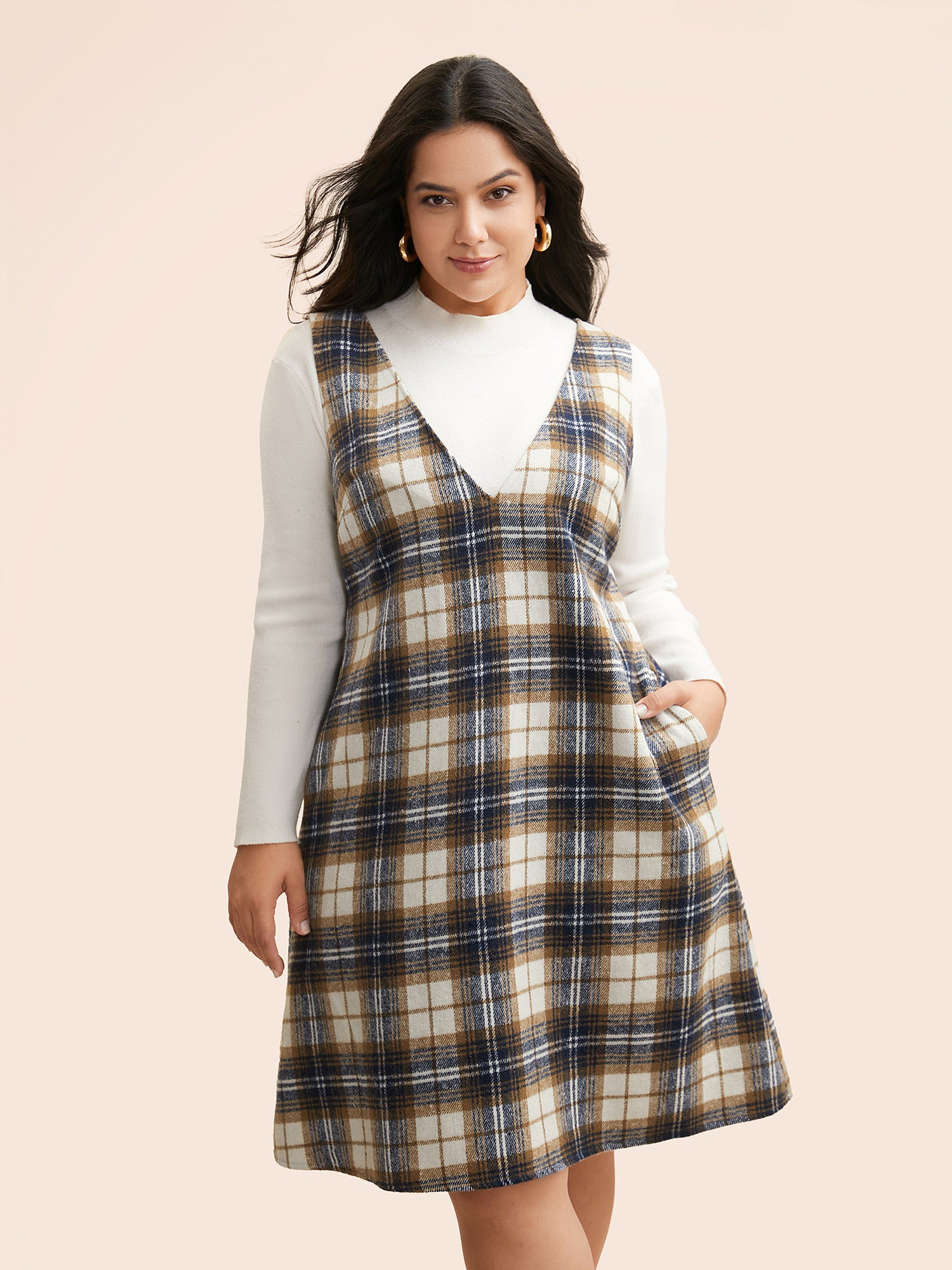 Plaid V Neck Sleeveless Dress