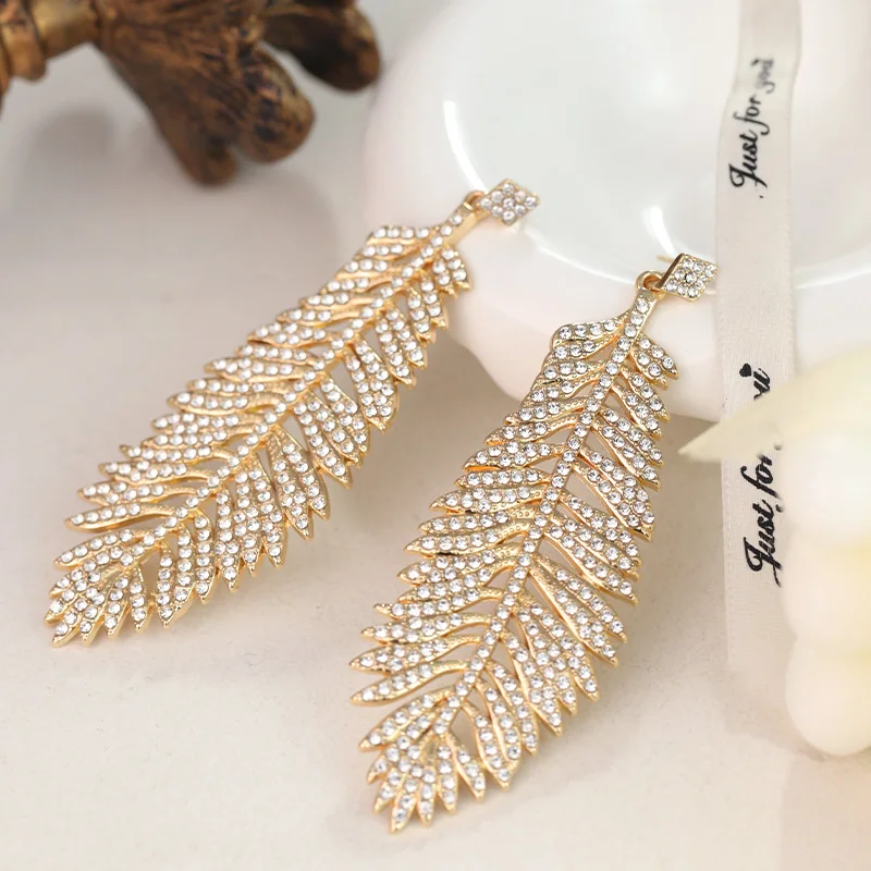 Creative Large Leaf and Rhinestone Pendant Earrings Fashion Women's Feather Jewelry