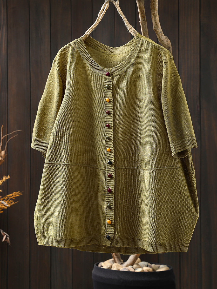 Women Summer Casual Colorful Button Knitted O-Neck Shirt