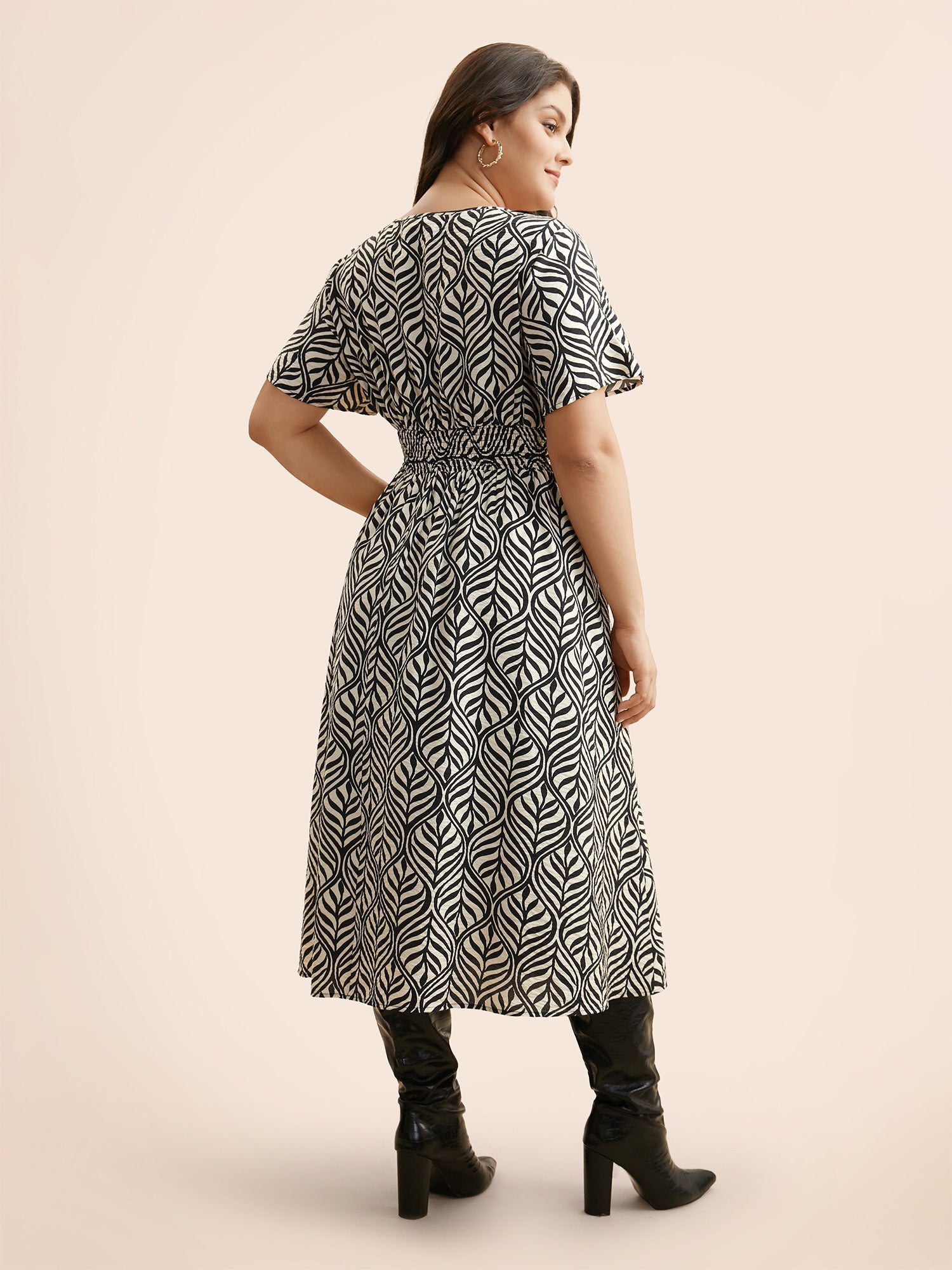 Boho Print Notched Collar Shirred Dress