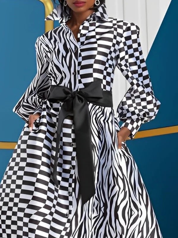 A-Line High Waisted Buttoned Contrast Color Plaid Pockets Tied Waist Lapel Midi Dresses