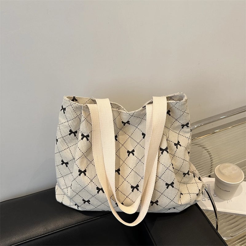 Women's Medium Canvas Bow Knot Classic Style Streetwear Square Zipper Shoulder Bag Tote Bag