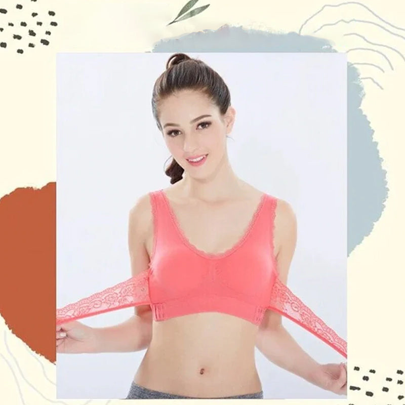 Wireless Front Cross Buckle Lace Lift Bra