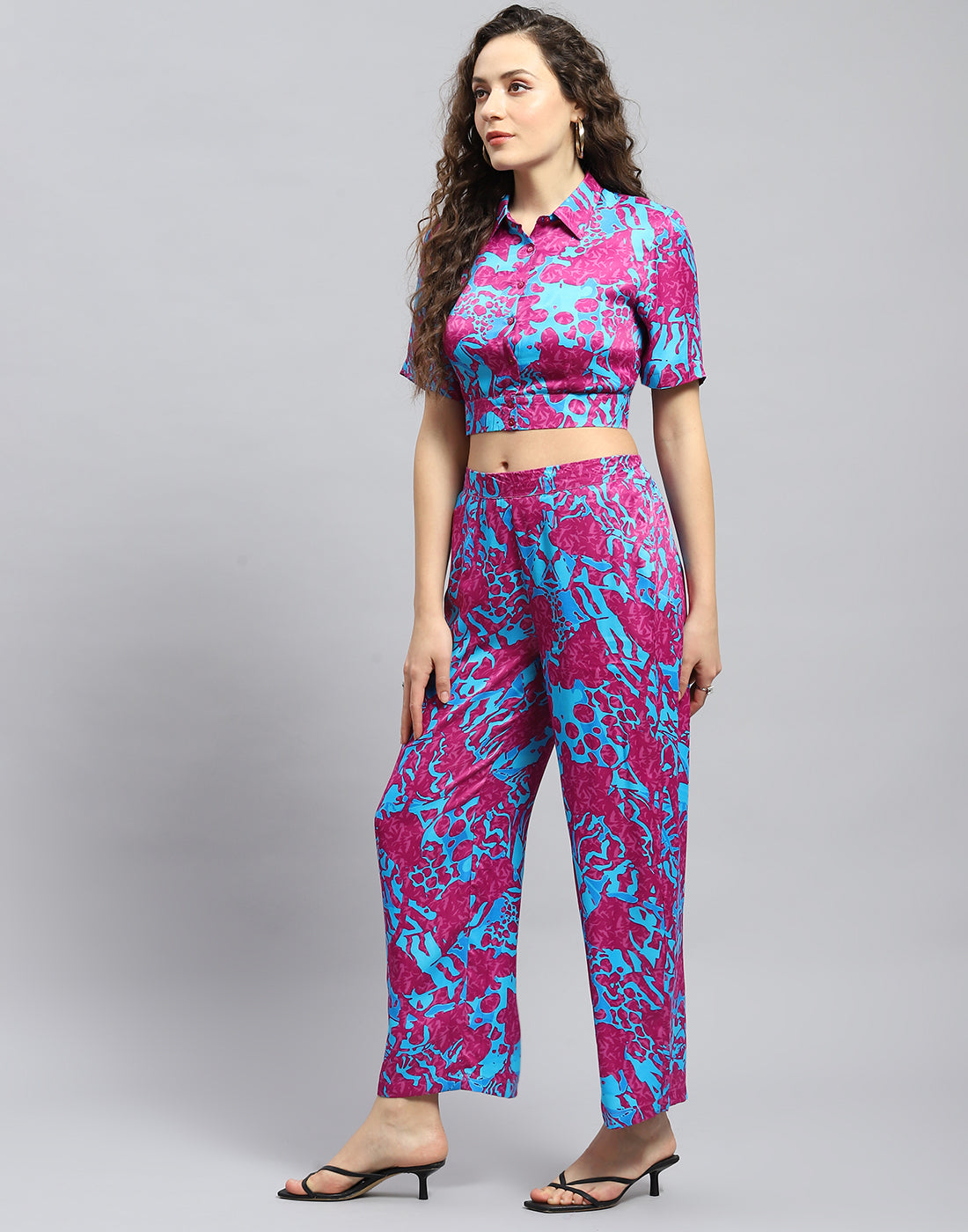 Women Magenta Printed Collar Half Sleeve Cords Set