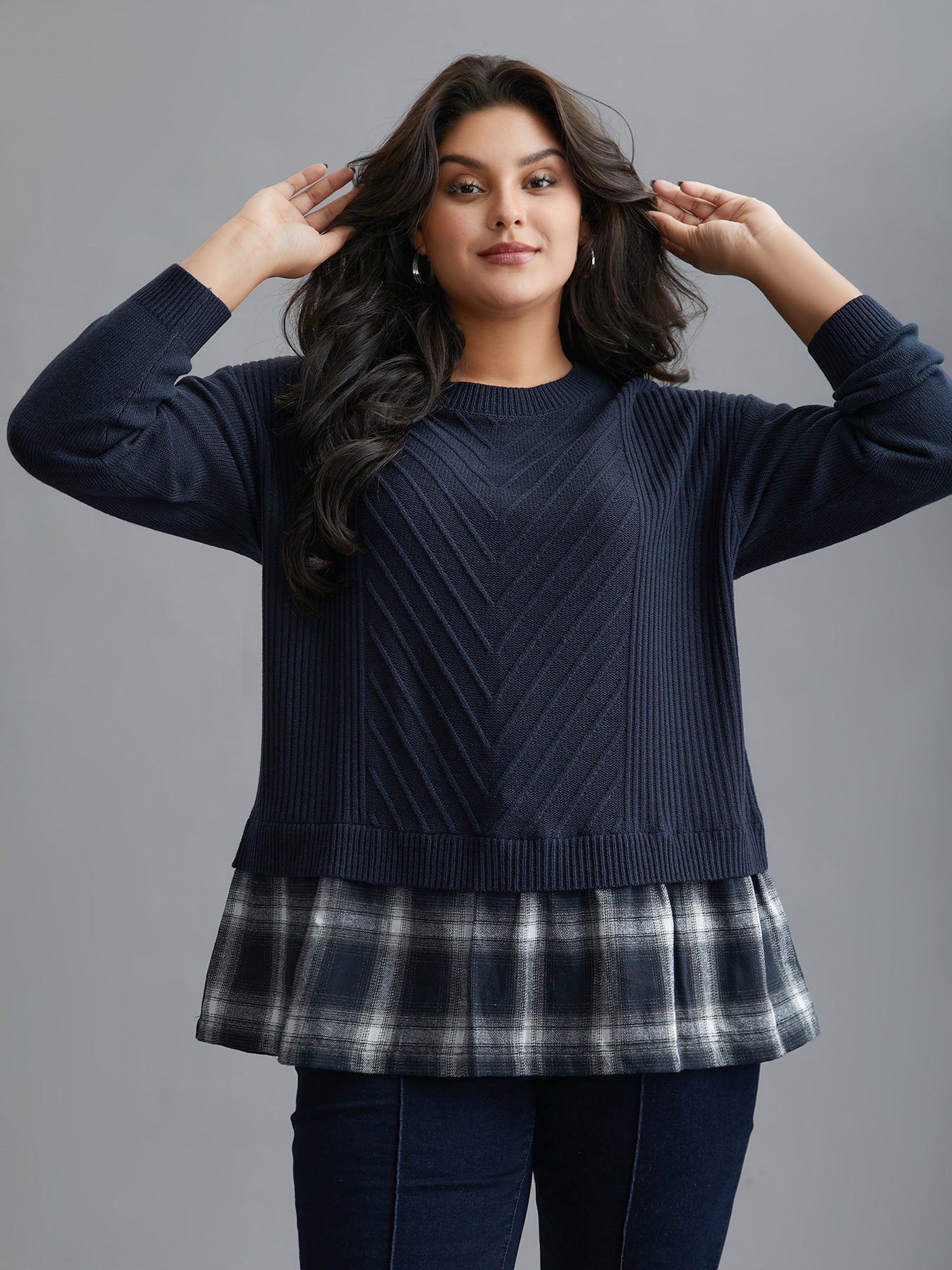 2-In-1 Plaid Patchwork Texture Pullover