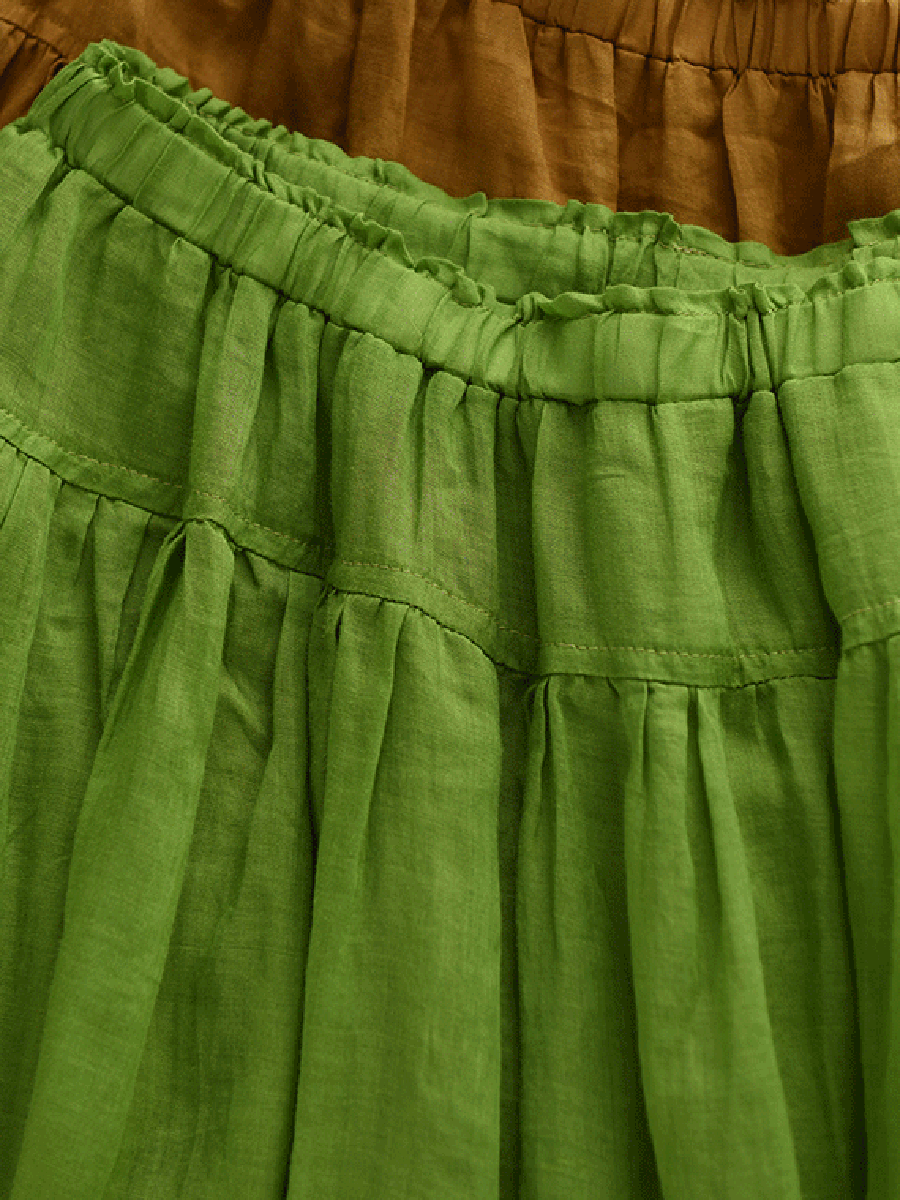 Women Summer Pure Color Spliced 100%Ramie Skirt