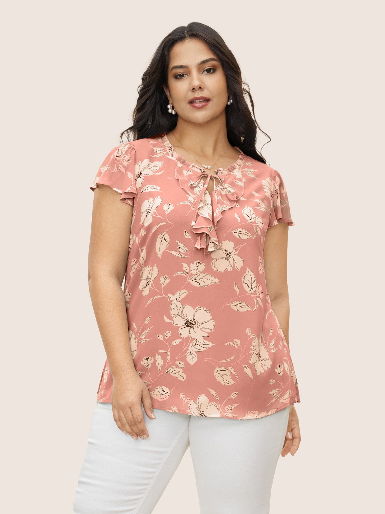 Floral Frill Trim Tie Knot Ruffles Blouse