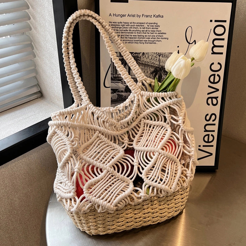 Women's Medium Spring&summer Cotton Solid Color Vacation Bucket Open Tote Bag