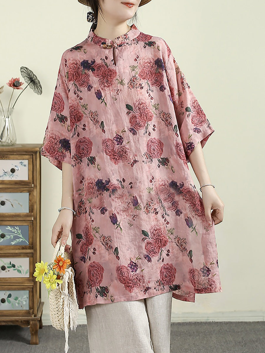 Women Summer Vintage Flower Stand Collar 100%Ramie Shirt