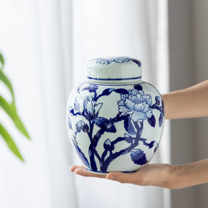 Chantilly Ginger Jar With Lid Short  - Blue Flowers