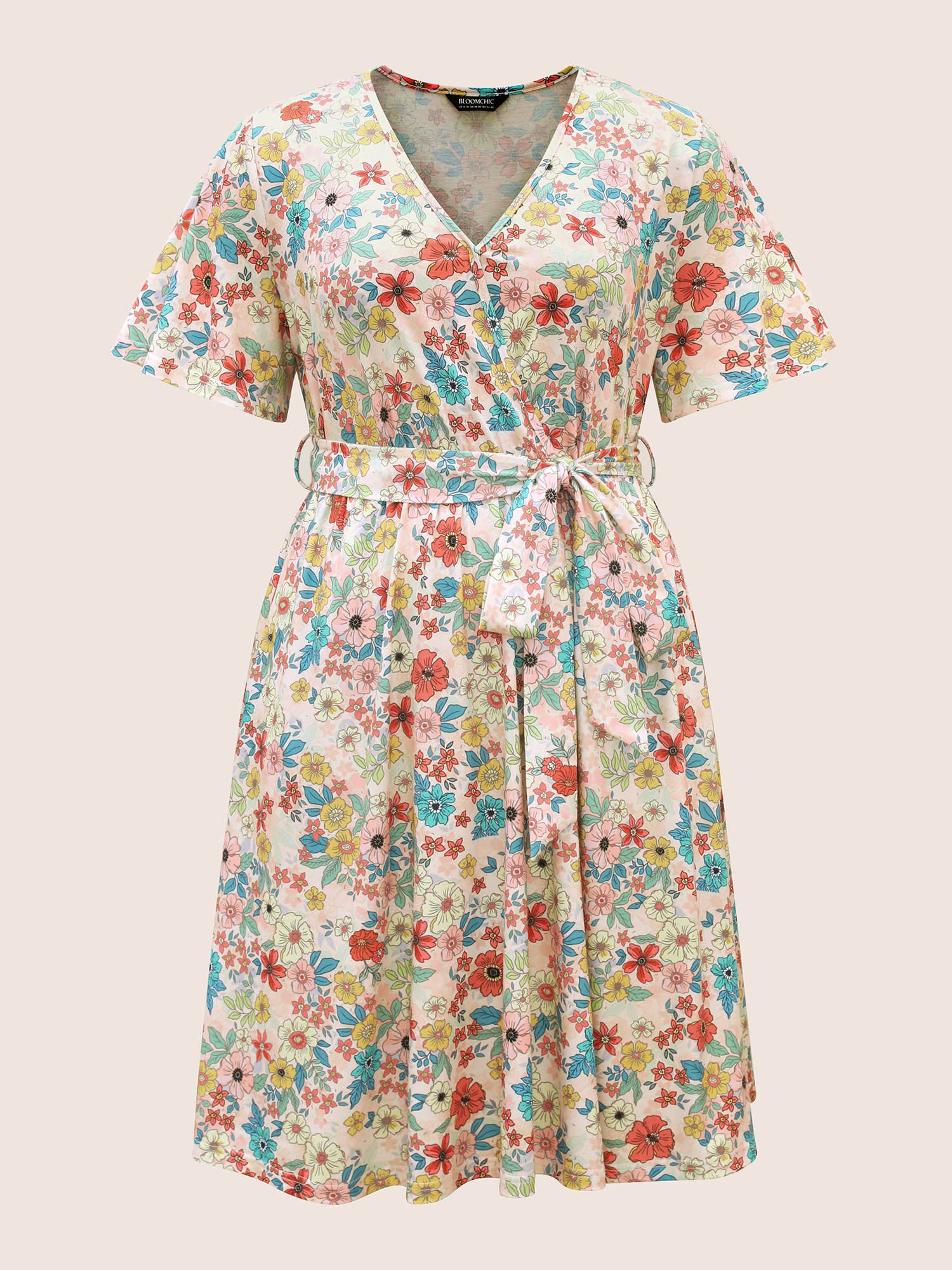 Floral Overlap Collar Belted Pocket Dress