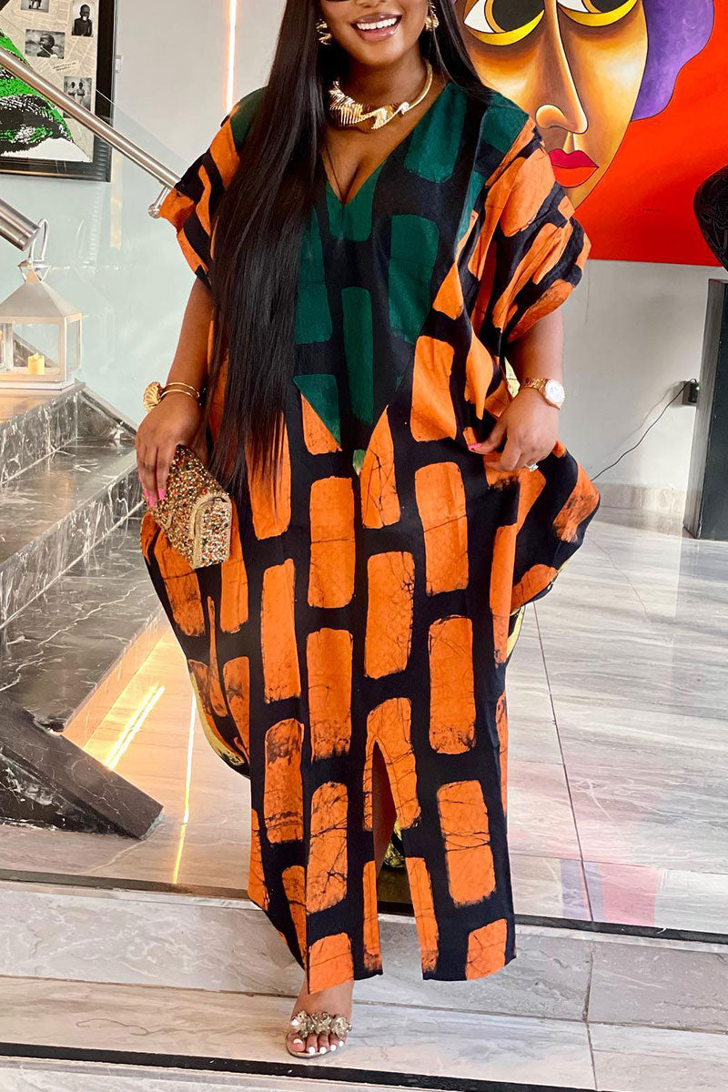 Casual Daily Mixed Printing Slit Printing Contrast V Neck Dresses
