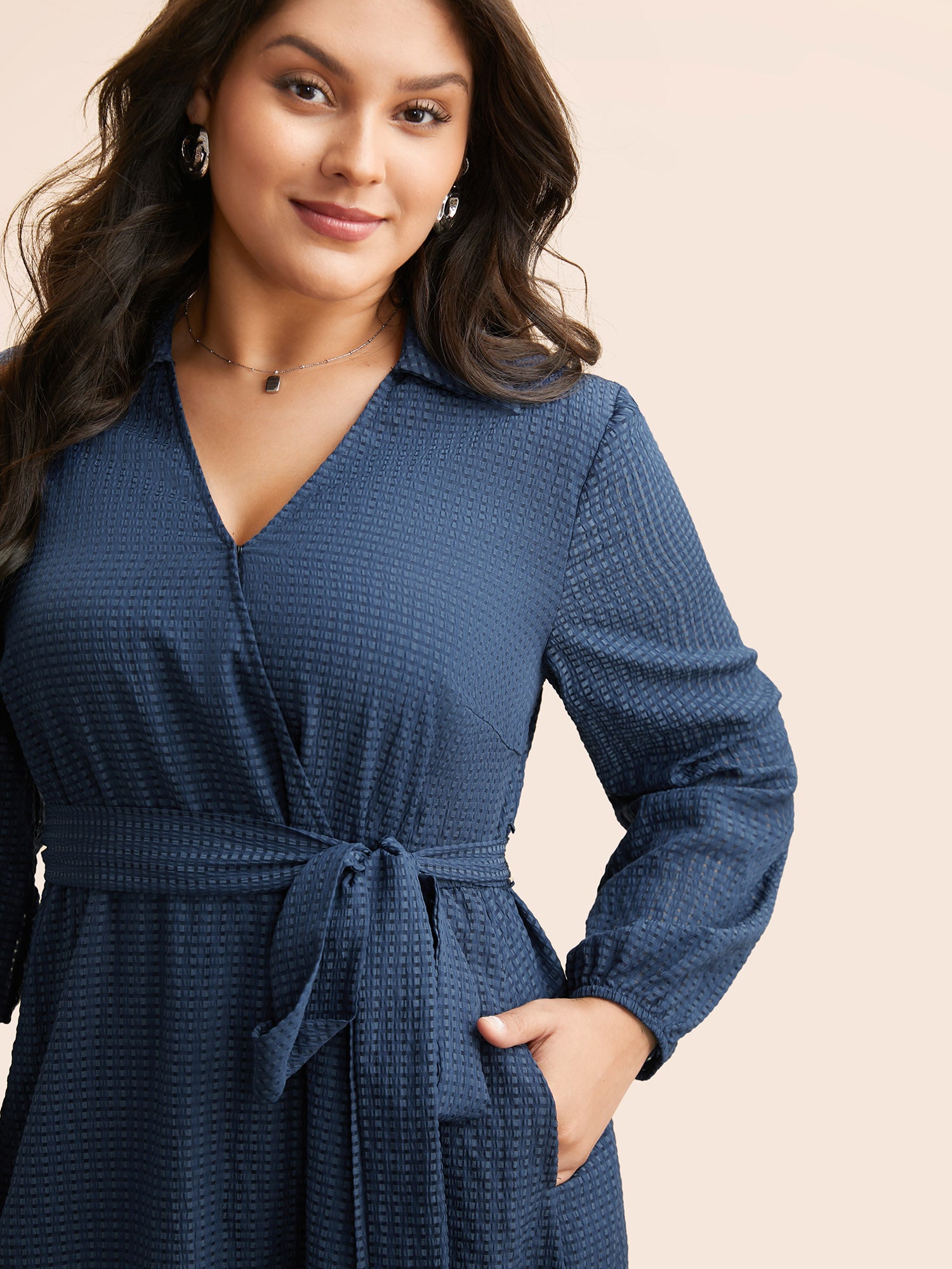 Overlap Collar Plain Textured Midi Dress