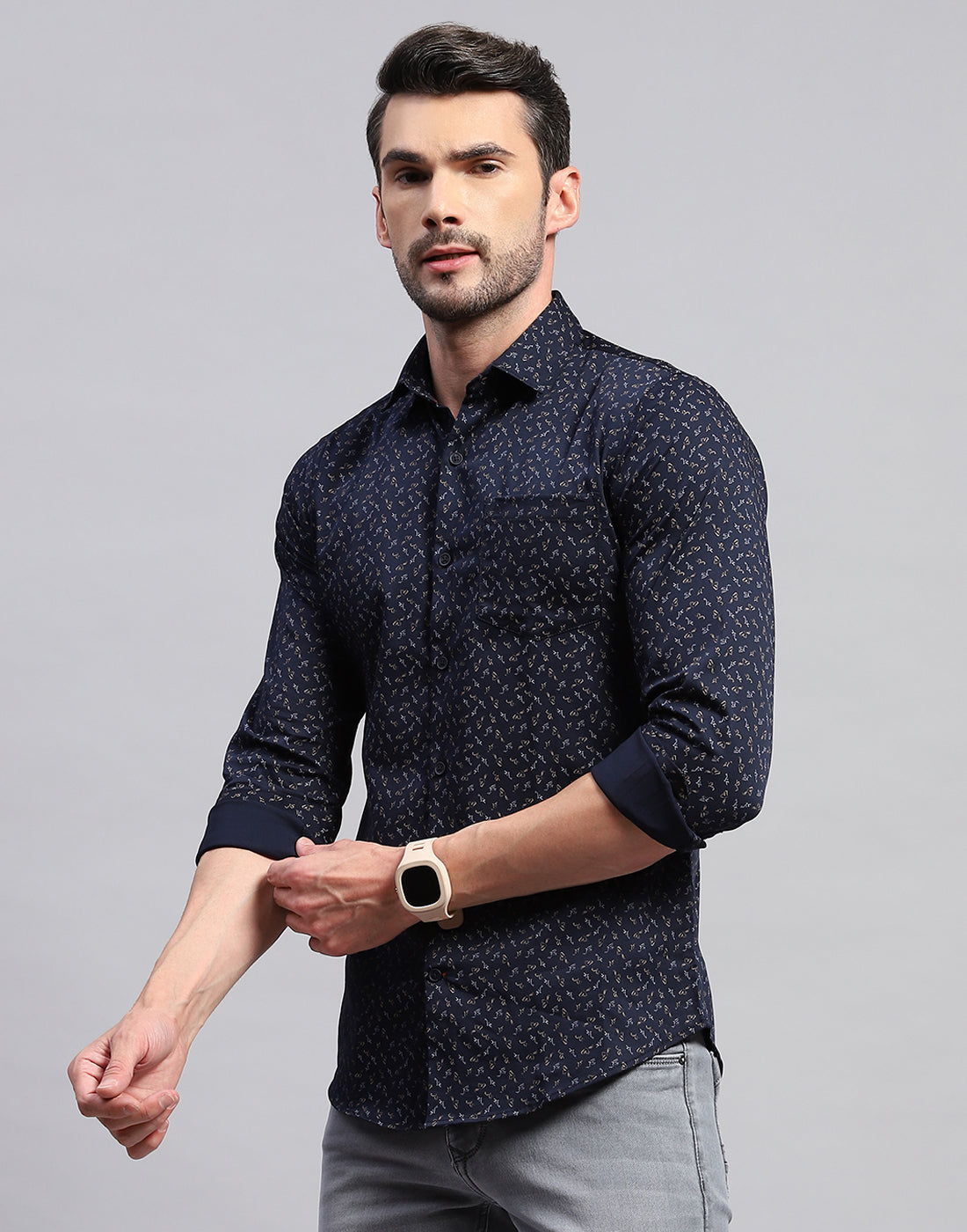 Men Navy Blue Printed Collar Neck Full Sleeve Shirt