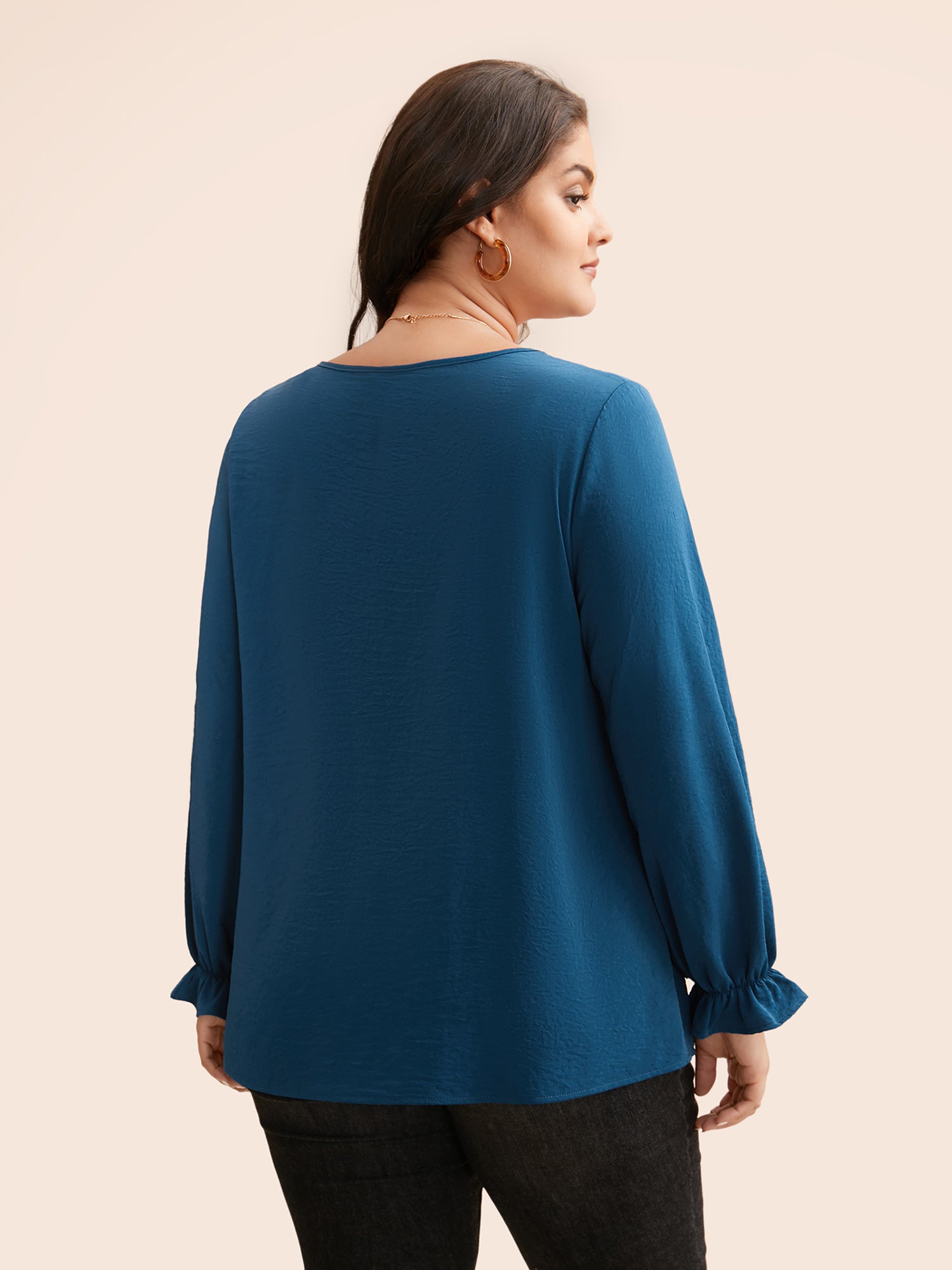 Plain Textured Asymmetrical Neck Ruffles Blouse