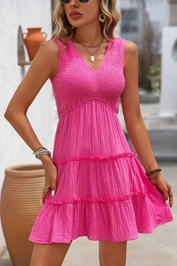 V Neck Smocked Solid Color Frill Sleeveless Mini Dress