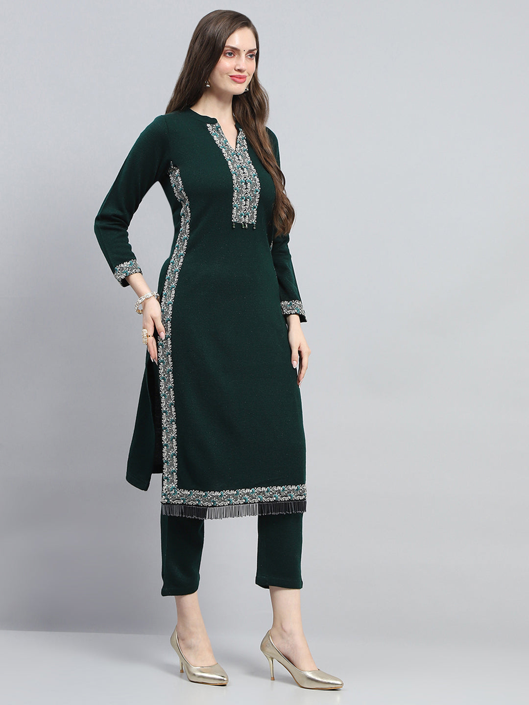 Women Green Embroidered Round Neck Full Sleeve Kurti Set for Winter