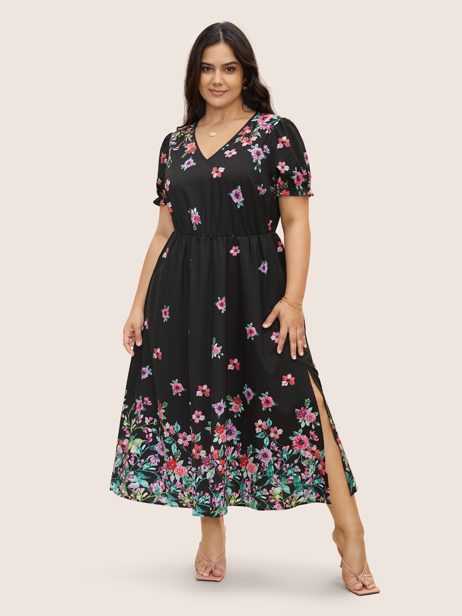 Boho Print V Neck Elastic Waist Dress