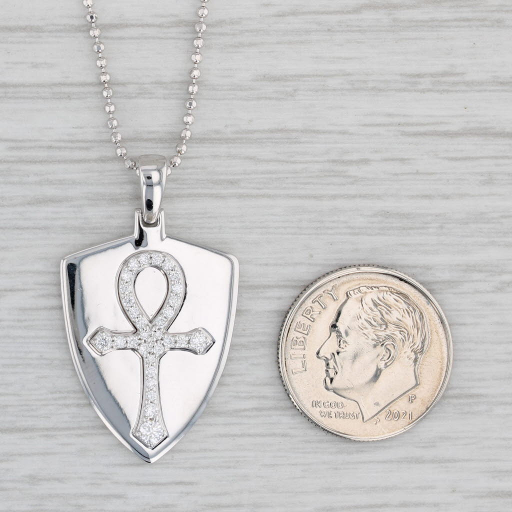 New 0.25ctw Diamond Ankh Shield Pendant Necklace 14k White Gold Bead Chain