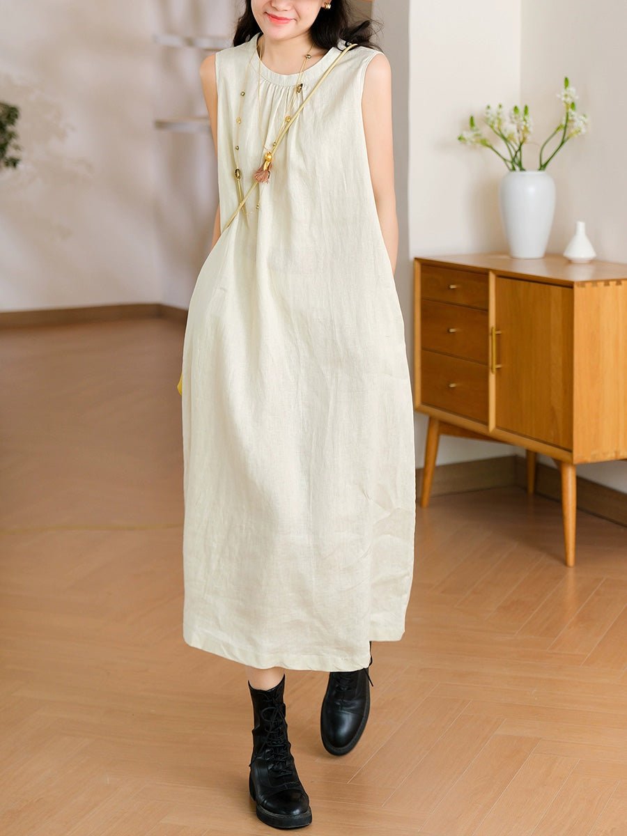 Women Summer Casual Pure Color 100%Linen Vest Dress