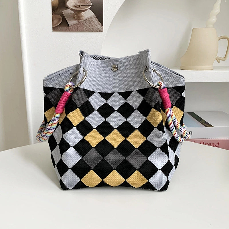 Women's Polyester Plaid Flower Classic Style Bucket Open Handbag