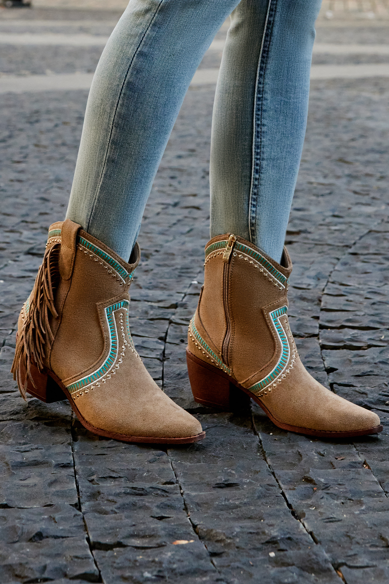 Contrast Binding Tassels Zipper Chunky Heels Western Boots