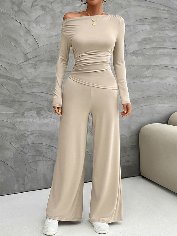 Solid Color Split-Joint Long Sleeves Skinny Pleated Boat Neck Asymmetric T-Shirt Top + Pockets Pants Bottom Two Pieces Set