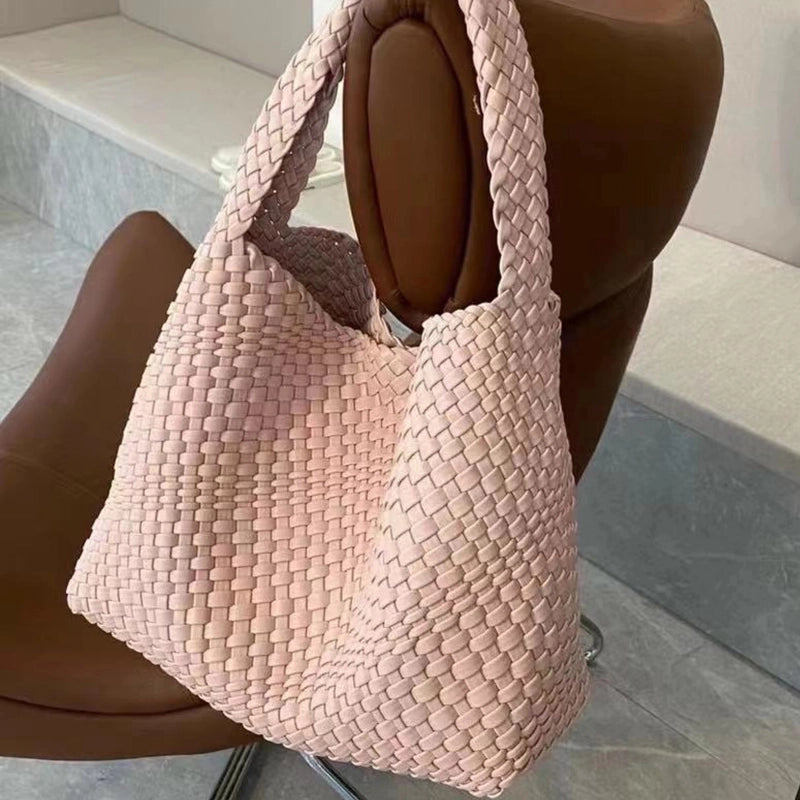 Women's Pu Leather Solid Color Classic Style Weave Bucket Magnetic Buckle Shoulder Bag