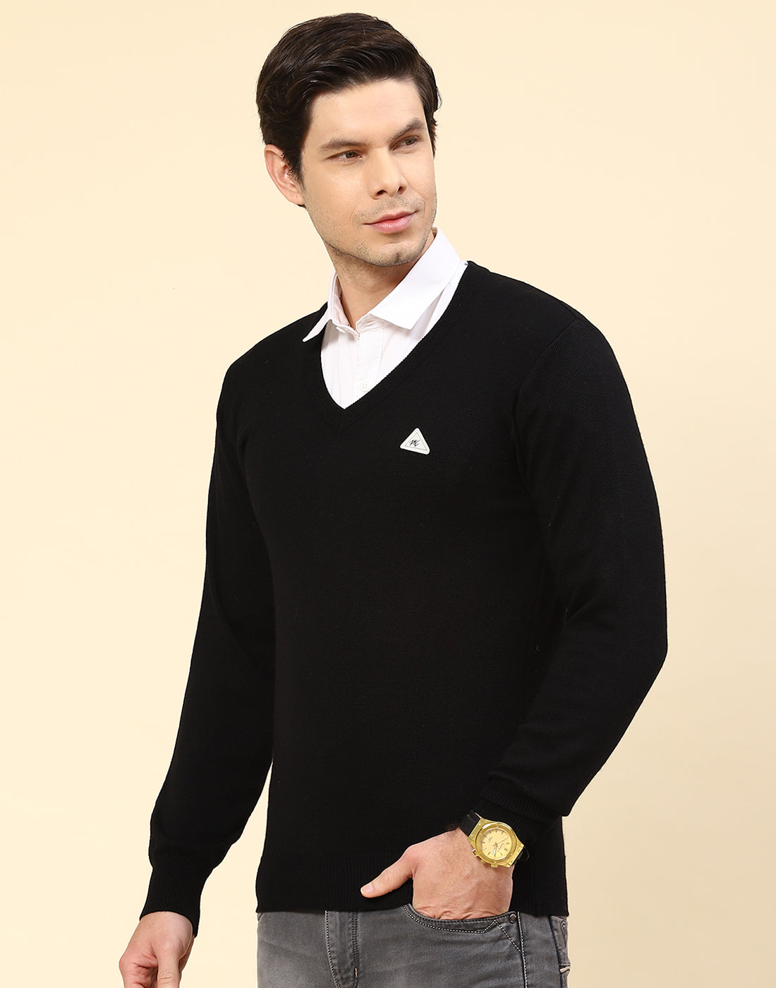 Men Black Solid V Neck Full Sleeve Pullover