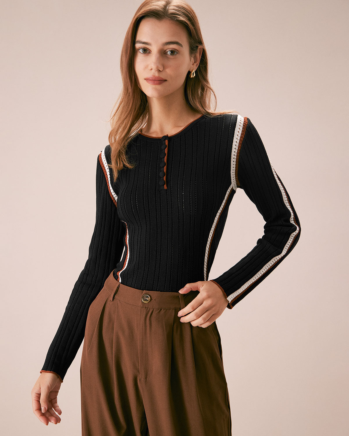 The Black Contrast Trim Pointelle Knit Top