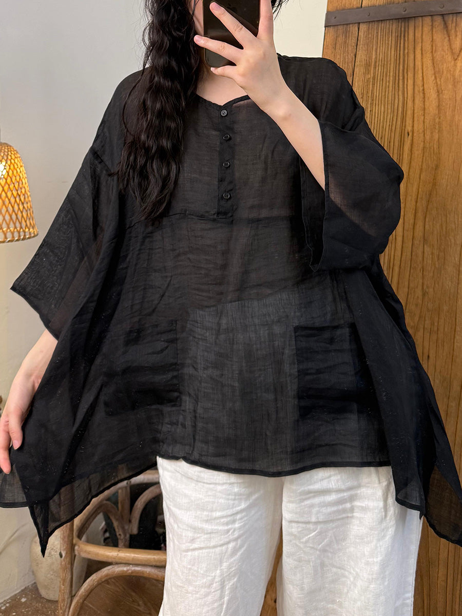 Women Summer Artsy Pure Color Ramie O-Neck Shirt