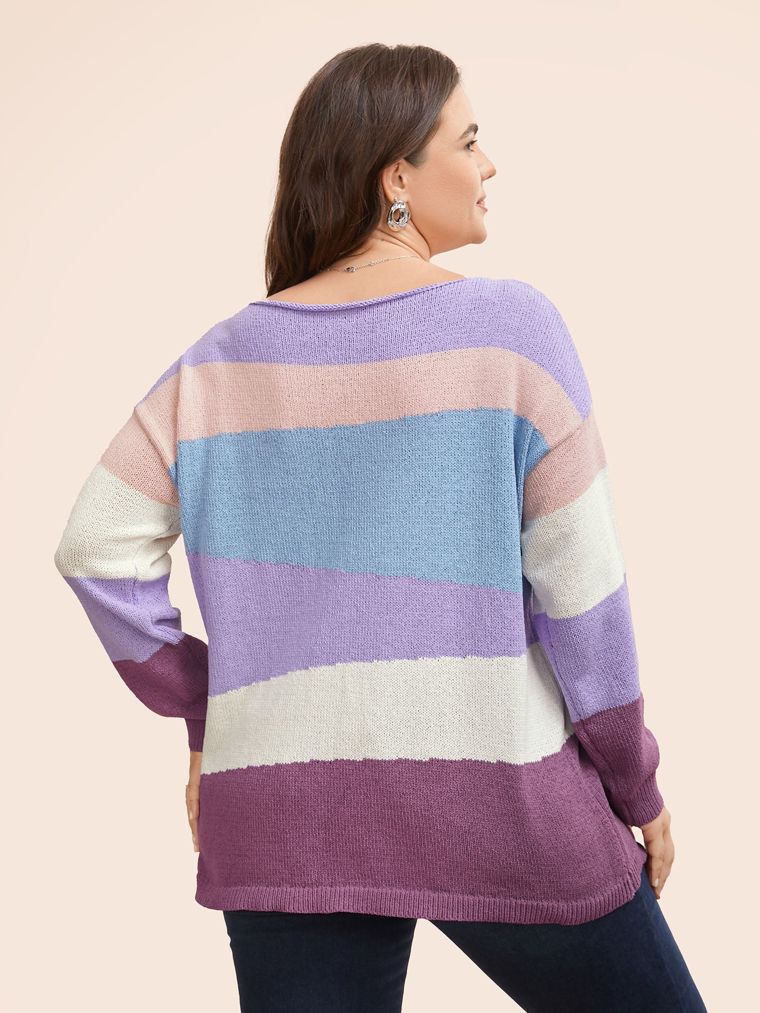 Colorblock Contrast Boat Neck Drop Shoulder Pullover