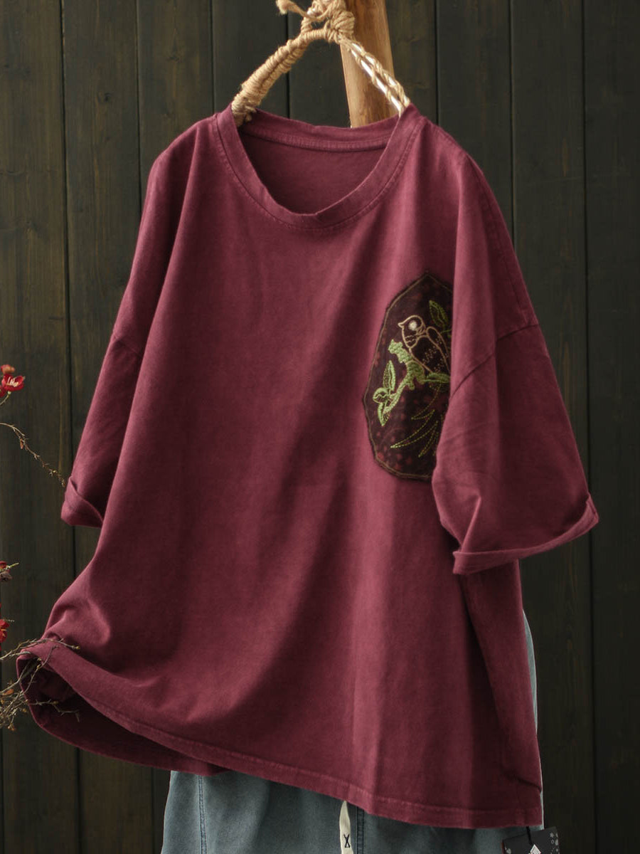 Women Summer Retro Embroidery O-Neck Cotton Shirt