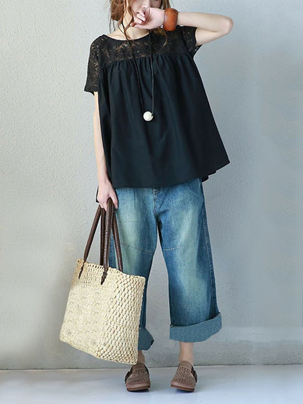 Vintage Solid Color Split-Joint Pleated Embroidered Hollow Lace Round-Neck Short Sleeves T-Shirt