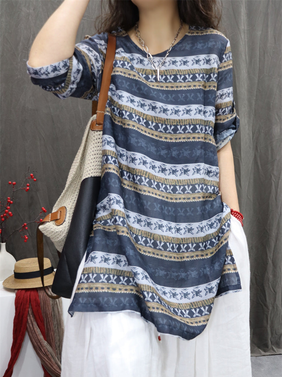 Women Summer Retro Geometric V-Neck 100%Ramie Shirt