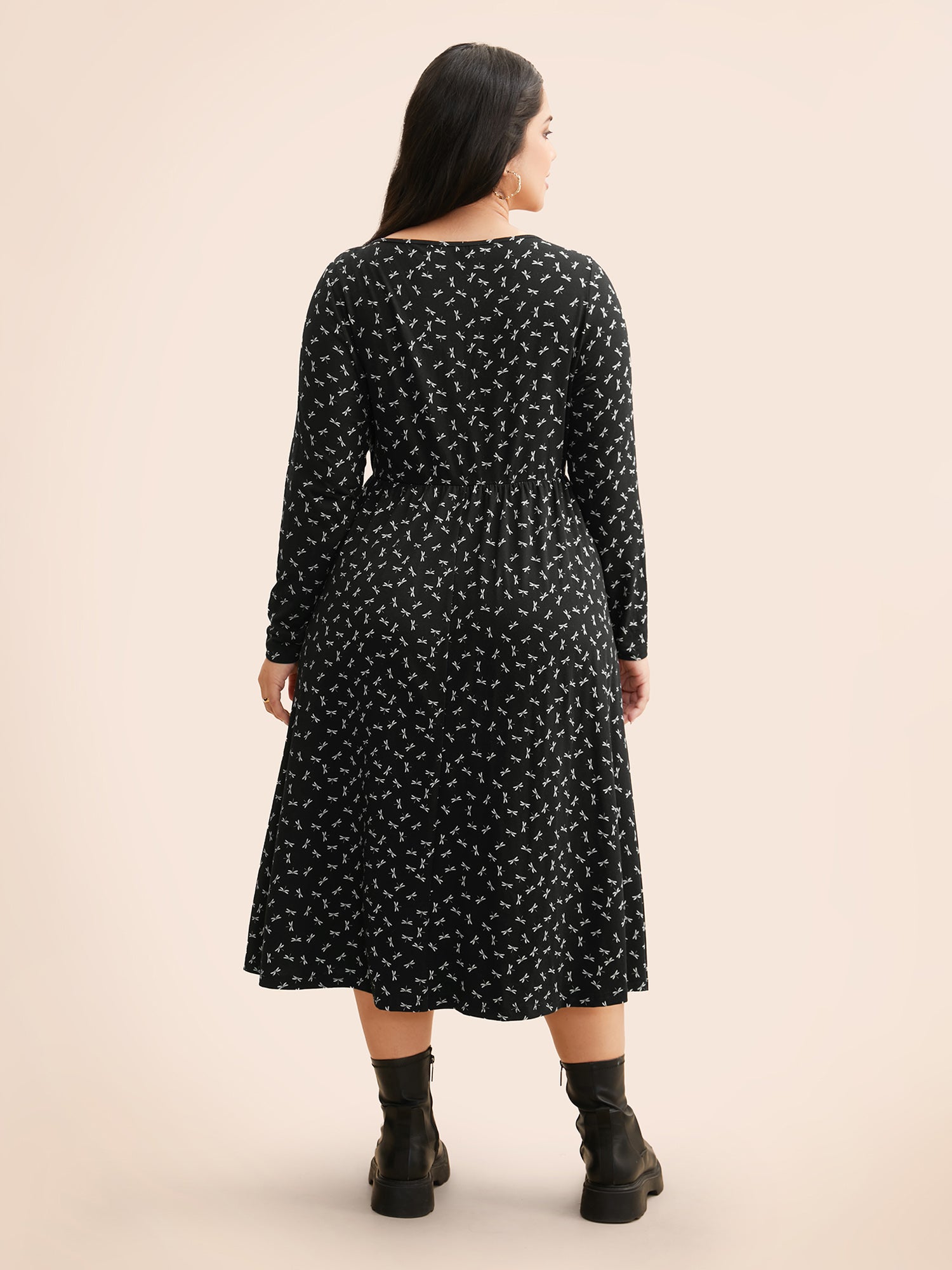 V Neck Dragonfly Pattern Midi Dress
