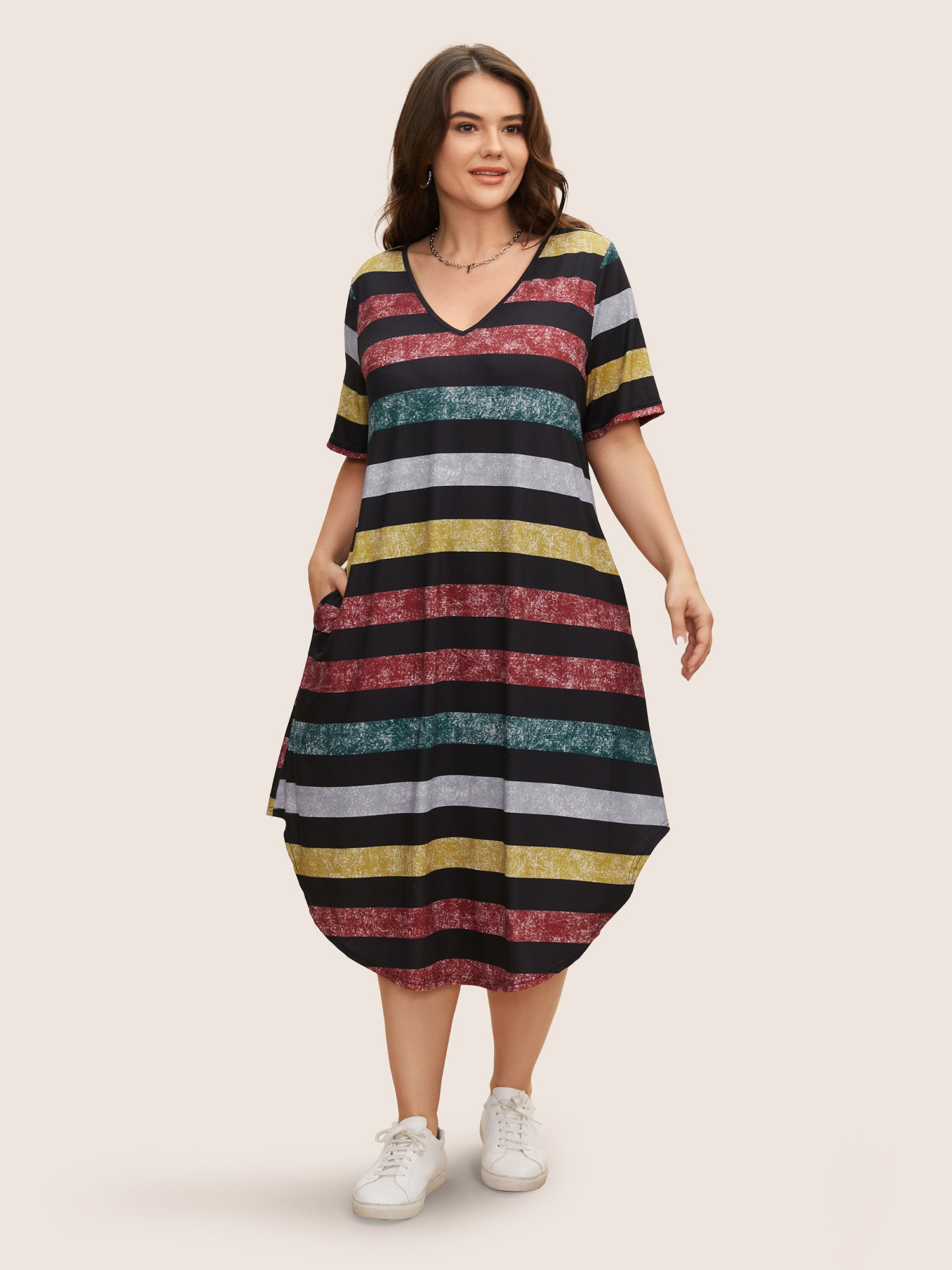 Striped Contrast Arc Hem V Neck Pocket Dress