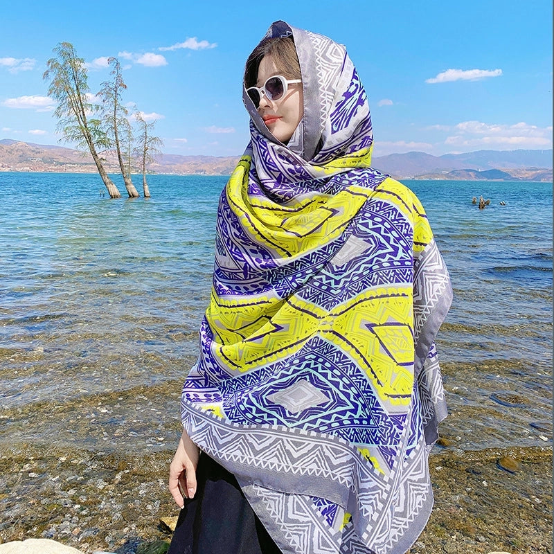 Silk Scarf Women's Summer Seaside Beach Sunscreen Shawl Scarf Dual-use  Long Ethnic Style Plus Size Travel Silk Scarf