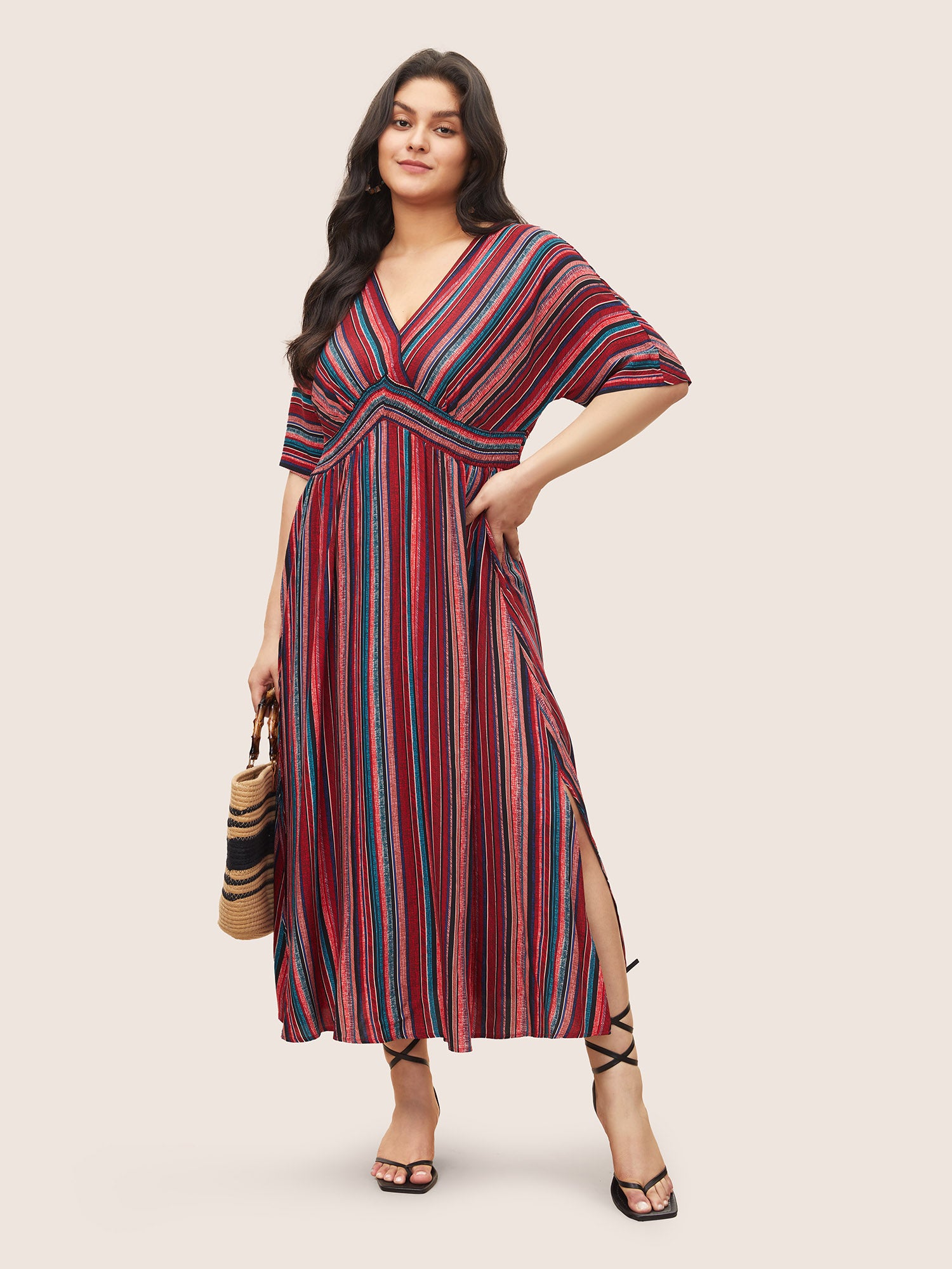 Striped Contrast Dolman Sleeve Shirred Pocket Split Flutter Dress