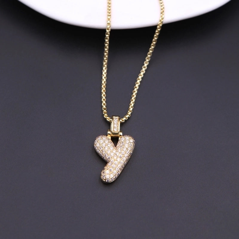 Copper Minimalist Shiny Plating Hollow Out Inlay Letter Zircon Pendant Necklace
