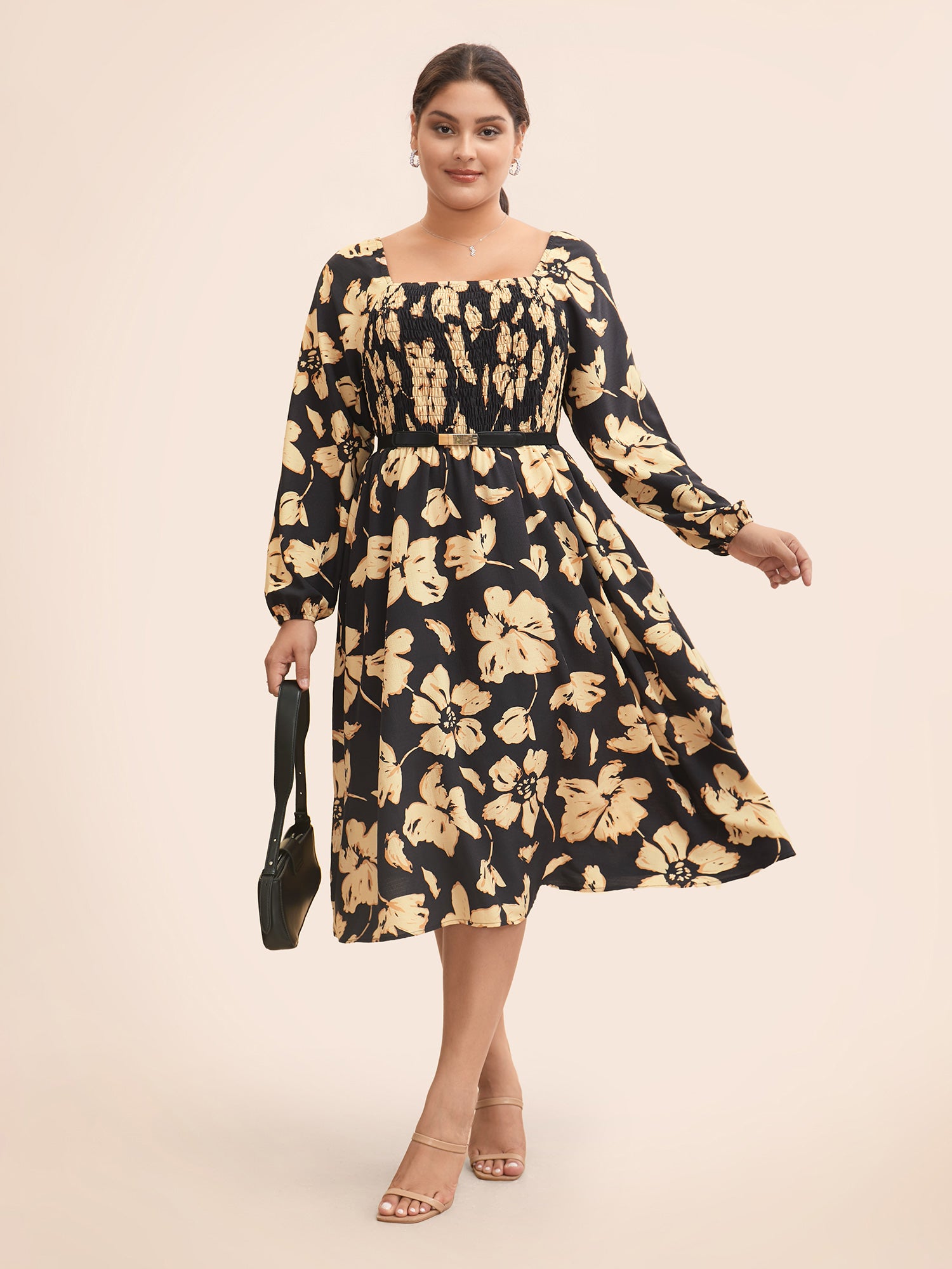 Floral Square Neck Shirred Lantern Sleeve Dress