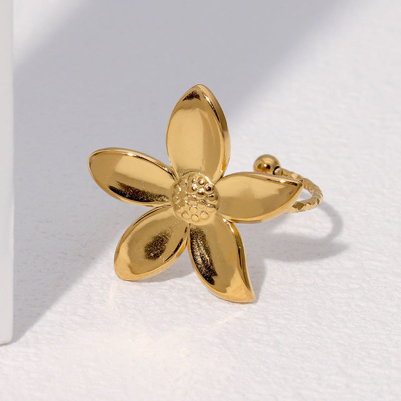 Simple And Fresh Ins Fashionable And Versatile Flower Gold-Plated Adjustable Sweet Stainless Steel Ring