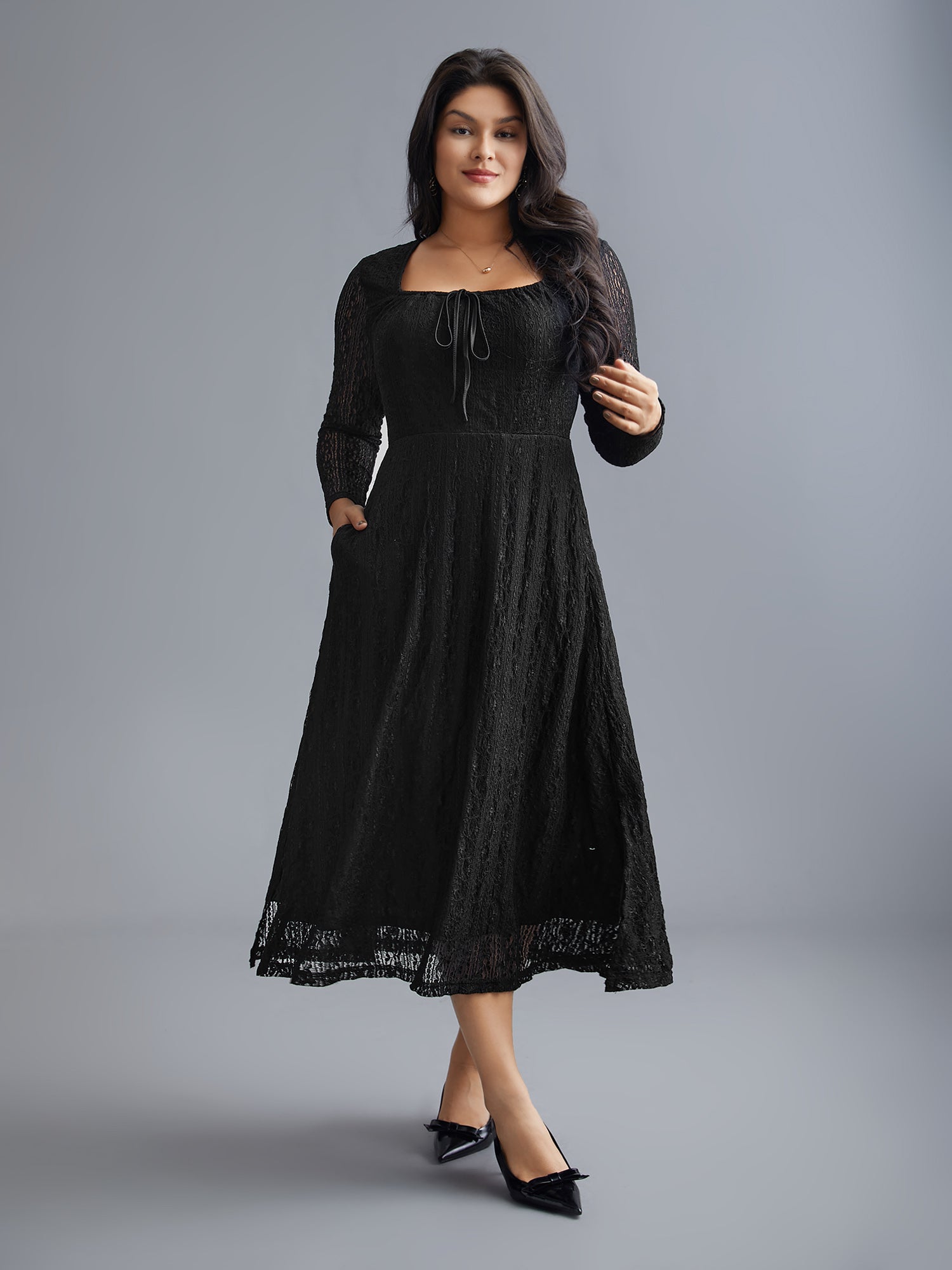 Lace Panel Square Neck Tie Knot Dress