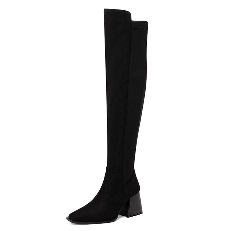 Suede Colorblock Patchwork Pointy Toe Chunky Heels High Leg Boots