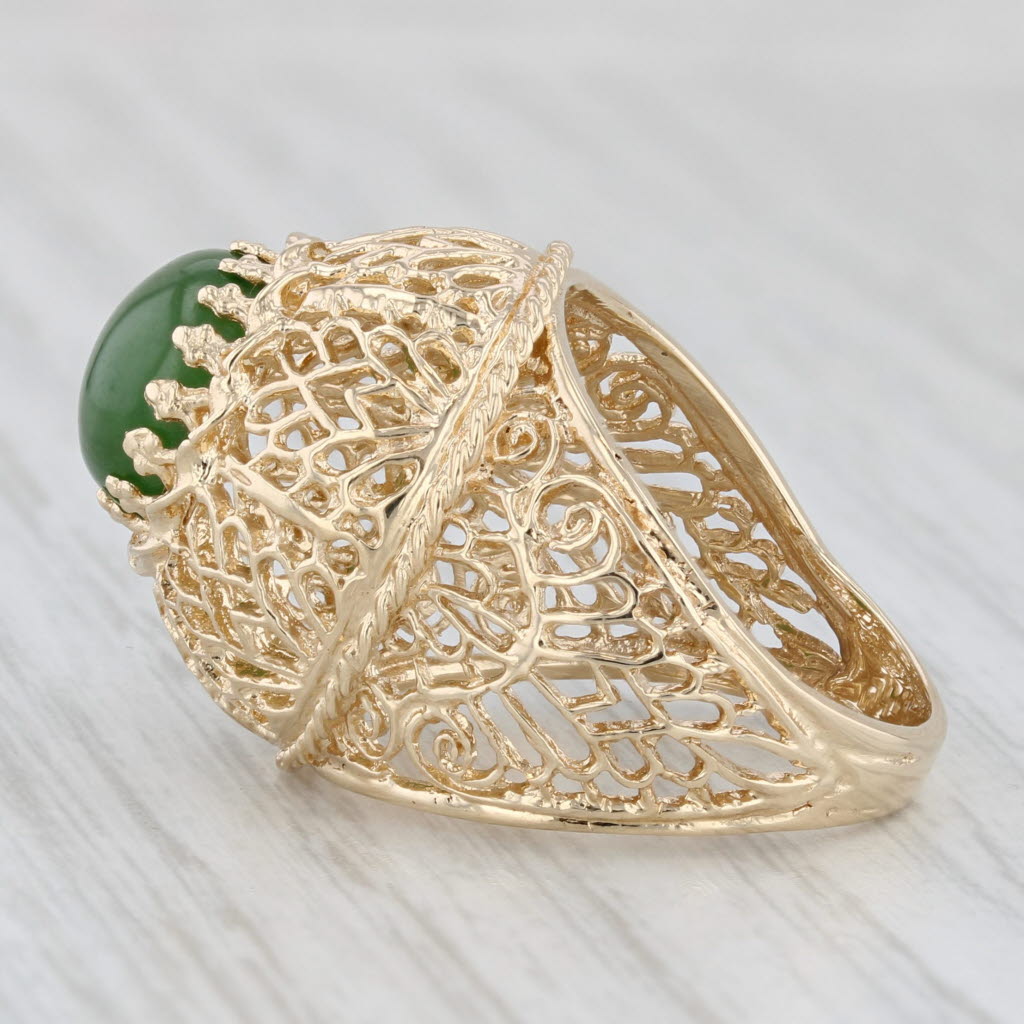 Green Nephrite Jade Ornate Openwork Ring 14k Yellow Gold Size 6.25 Cocktail
