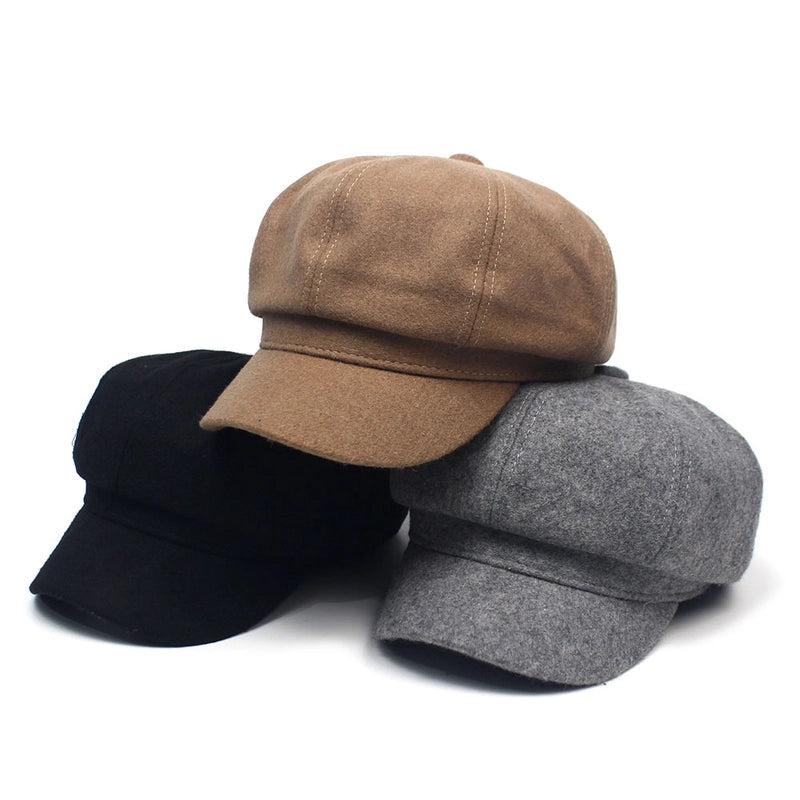 Solid Color Woolen Octagonal Cap Women's Hat Casual Cap Warm Fashion Beret Korean Fashion Cap