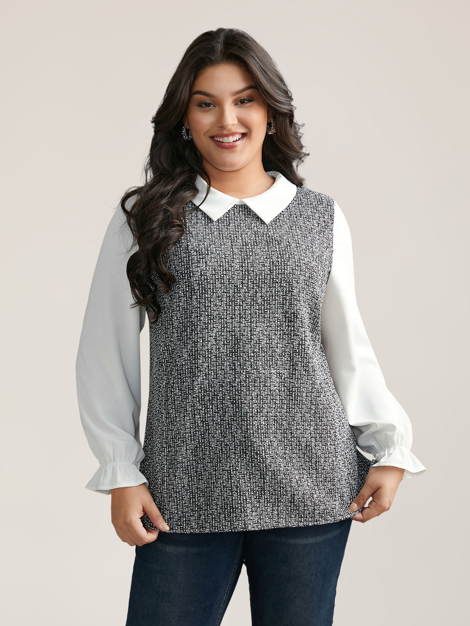 Tweed Patchwork Lantern Sleeve Blouse