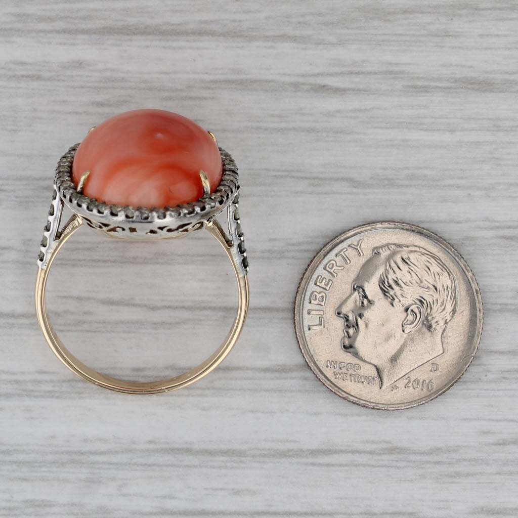 Coral Cabochon Diamond Halo Ring 14k Yellow Gold Silver Size 8