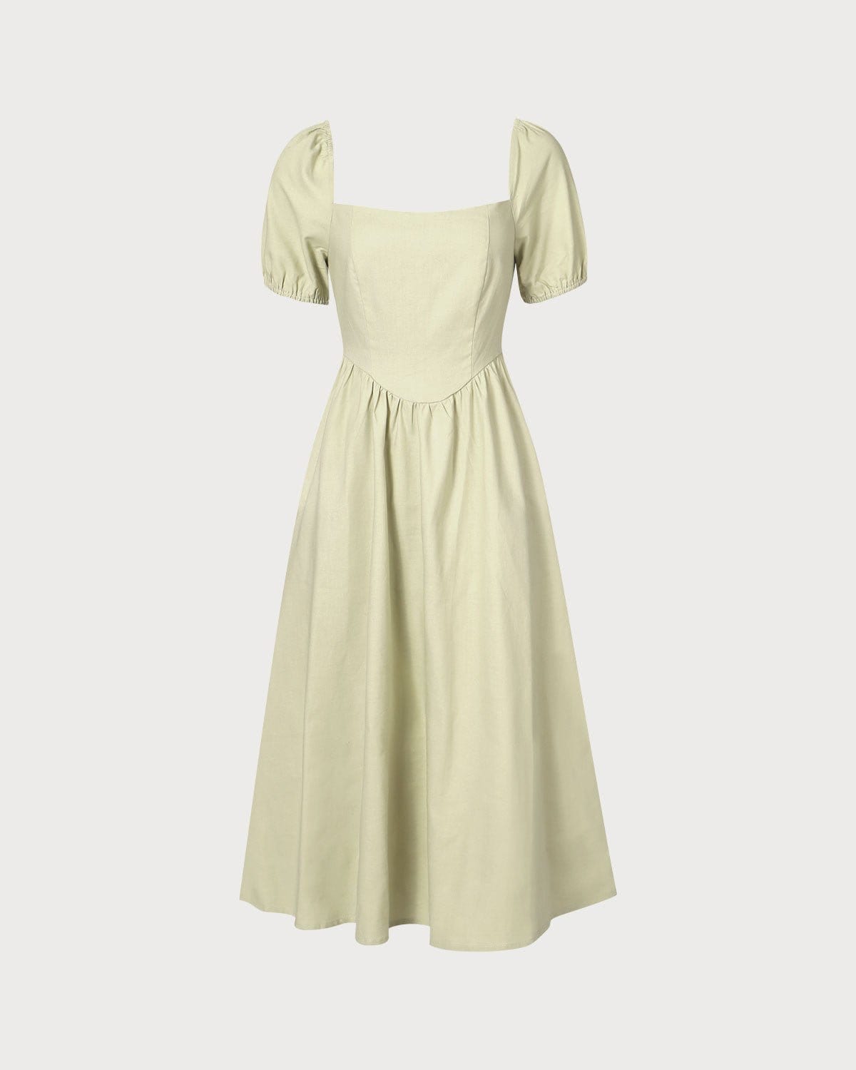 The Light Green Square Neck Shirred Midi Dress