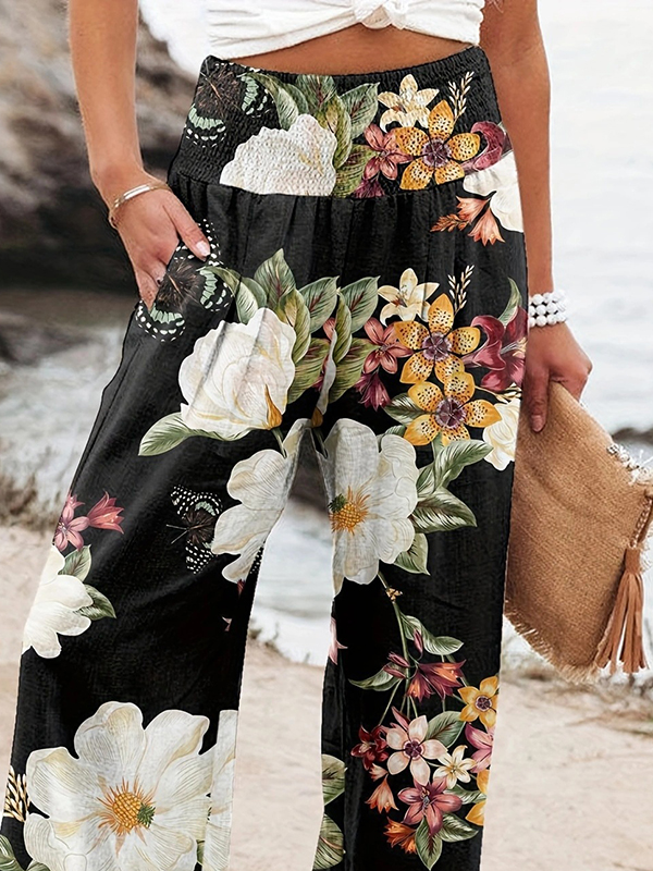High Waisted Loose Elasticity Flower Print Pleated Pockets Pants Trousers